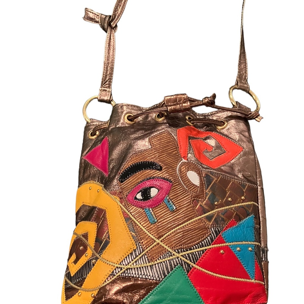 Rare 1980s vintage cinch handbag. Colini Handbag USA Gold  leather embroidered
